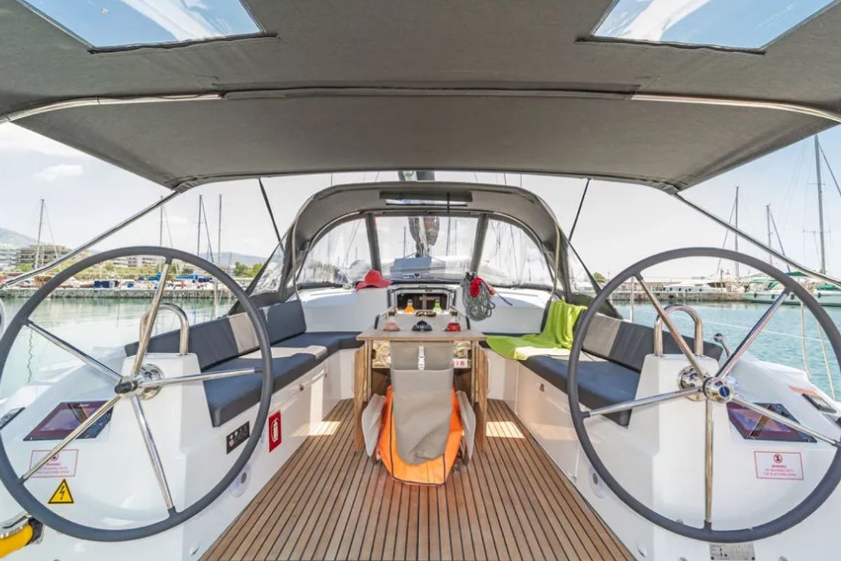 Cockpit of AF-O40.1R, a Beneteau Oceanis 40.1 sailboat at Athens, Greece
