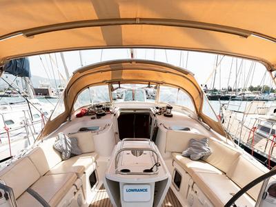 Cockpit of Evita, a Jeanneau Sun Odyssey 49 DS sailboat at Municipal Unit of Lefkada, Greece