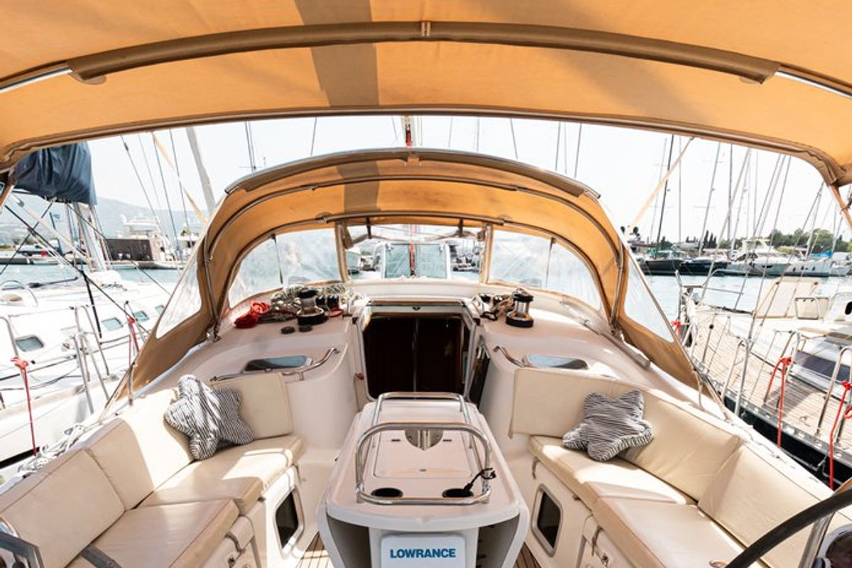 Cockpit of Evita, a Jeanneau Sun Odyssey 49 DS sailboat at Municipal Unit of Lefkada, Greece