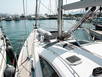 Deck of Evita, a Jeanneau Sun Odyssey 49 DS sailboat at Municipal Unit of Lefkada, Greece