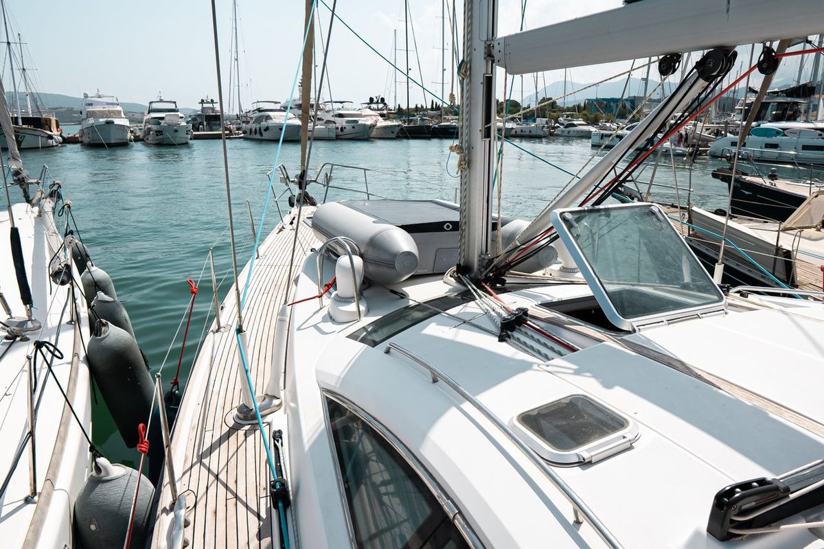 Deck of Evita, a Jeanneau Sun Odyssey 49 DS sailboat at Municipal Unit of Lefkada, Greece
