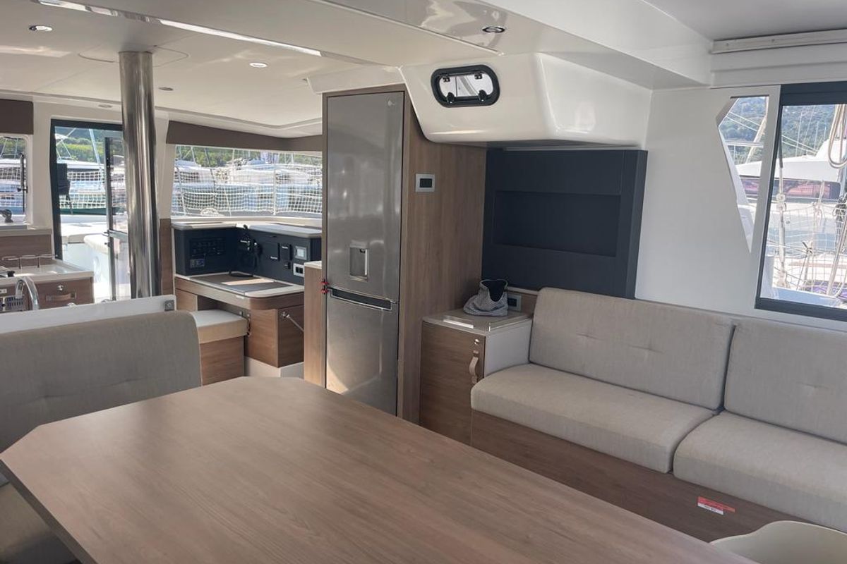 Salon of Idra, a Bali 4.2 catamaran at Capo d'Orlando, Italy