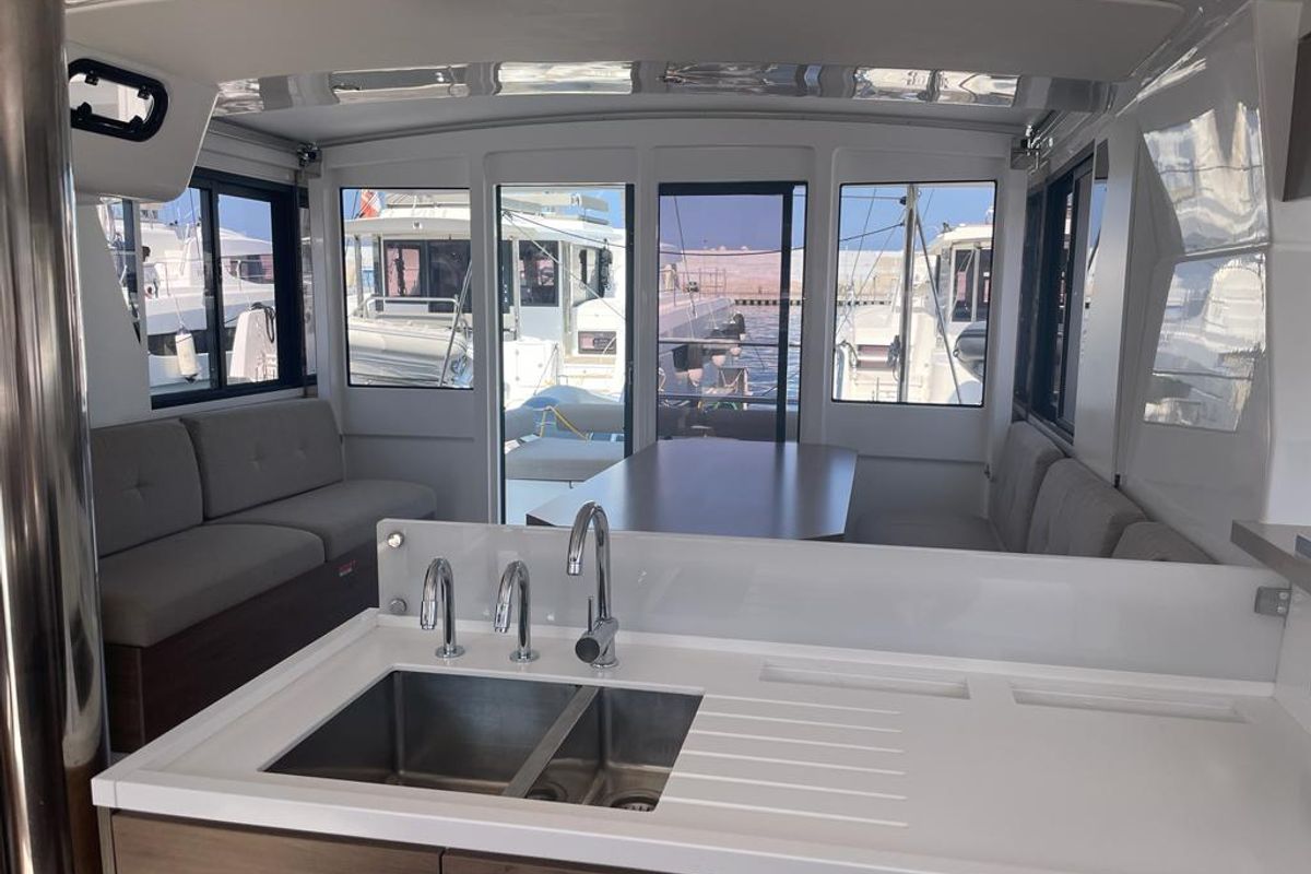 Galley of Idra, a Bali 4.2 catamaran at Capo d'Orlando, Italy