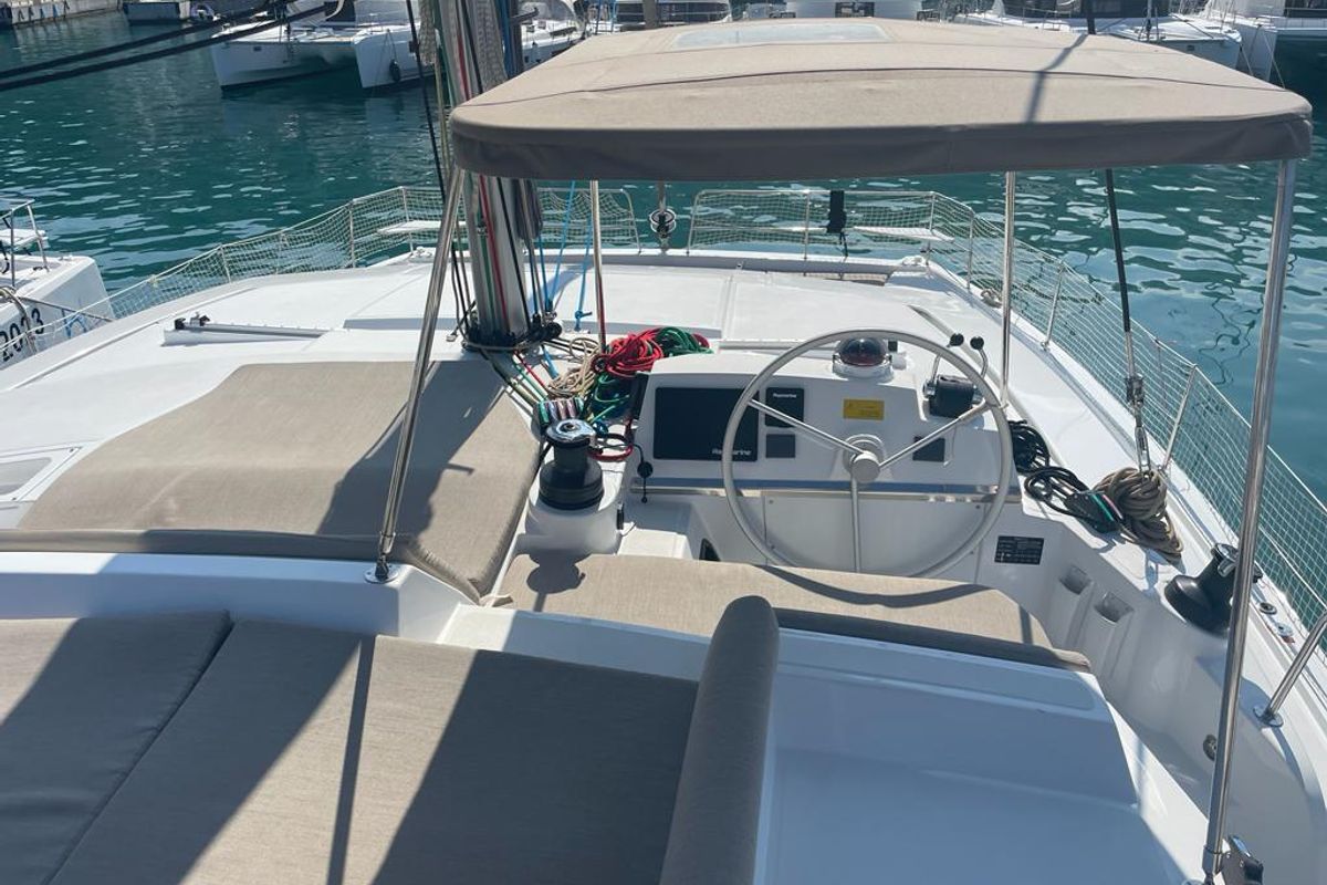 Cockpit of Idra, a Bali 4.2 catamaran at Capo d'Orlando, Italy