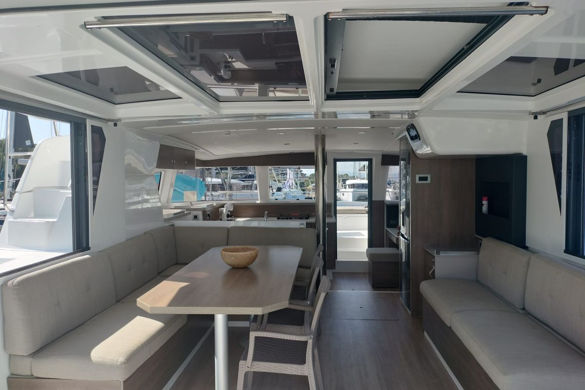 Salon of Idra, a Bali 4.2 catamaran at Capo d'Orlando, Italy