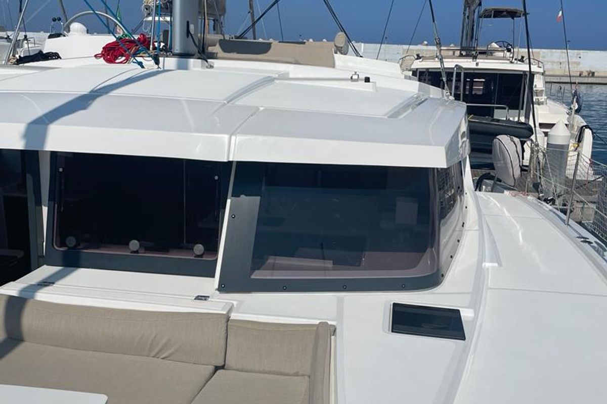 Deck of Idra, a Bali 4.2 catamaran at Capo d'Orlando, Italy