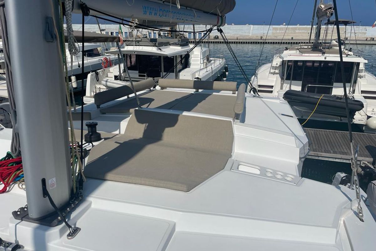 Deck of Idra, a Bali 4.2 catamaran at Capo d'Orlando, Italy