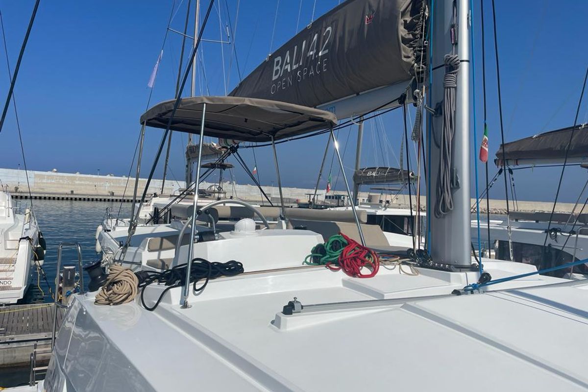 Deck of Idra, a Bali 4.2 catamaran at Capo d'Orlando, Italy