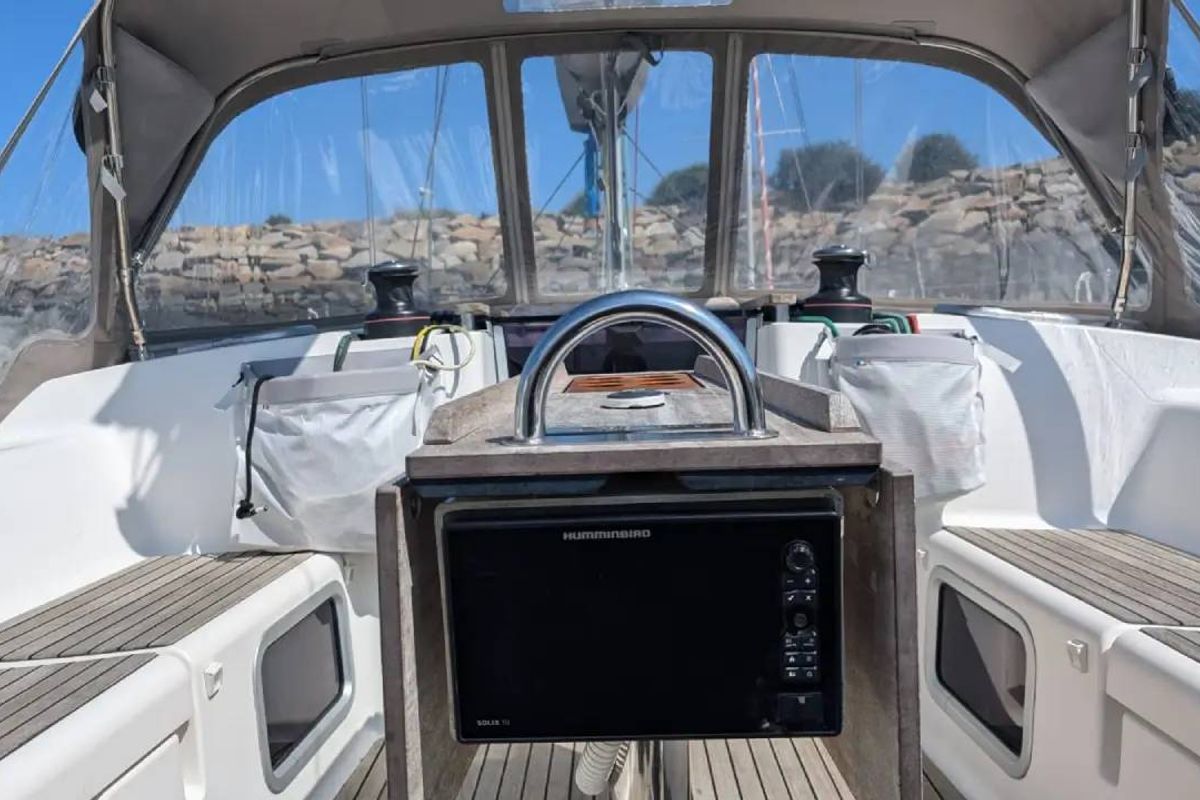Cockpit of Tarann, a Dufour 375 Grand Large sailboat at Saint-Cast-le-Guildo, France