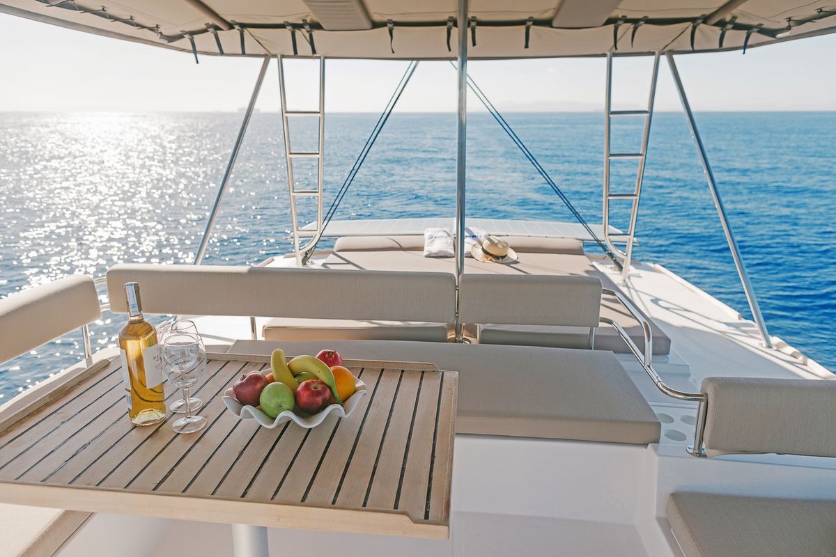 Deck of Kos 46.Cat8, a Bali 4.6 catamaran at Athens, Greece