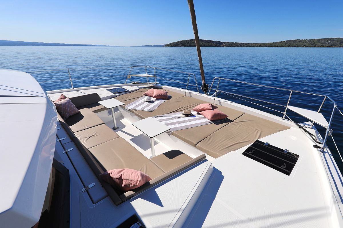 Deck of Chimaera, a Bali 4.5 catamaran at Seget Donji, Croatia