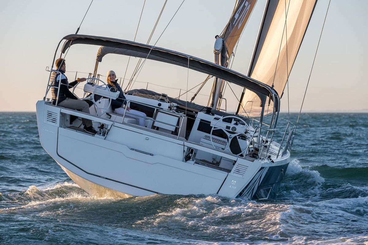 Exterior view of Aruba, a Dufour 470 sailboat at Athens, Greece