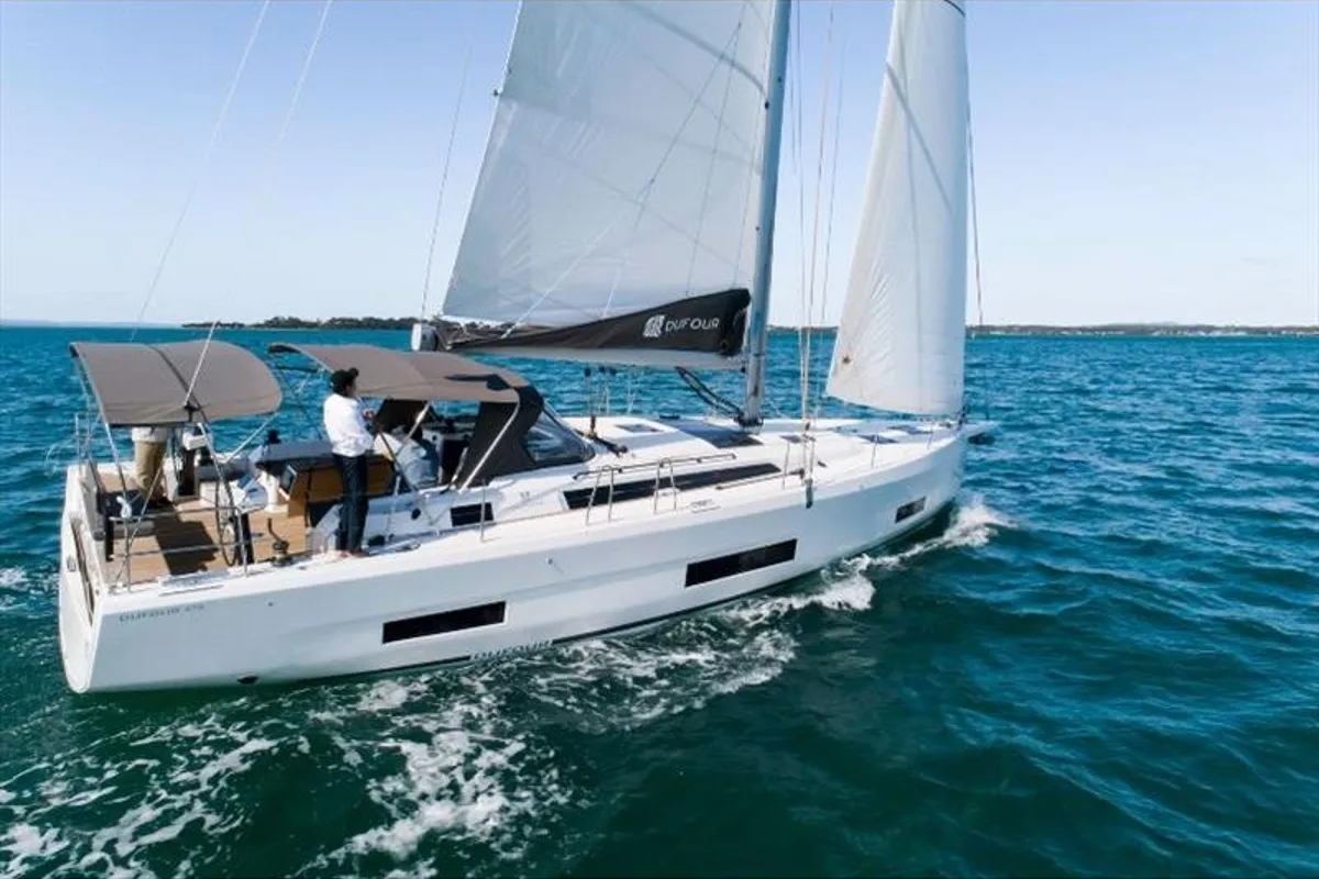 Exterior view of Aruba, a Dufour 470 sailboat at Athens, Greece