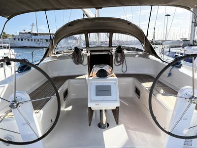 Cockpit of Morillon, a Bavaria Cruiser 51 sailboat at Seget Donji, Croatia