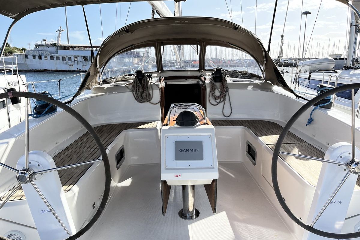 Cockpit of Morillon, a Bavaria Cruiser 51 sailboat at Seget Donji, Croatia