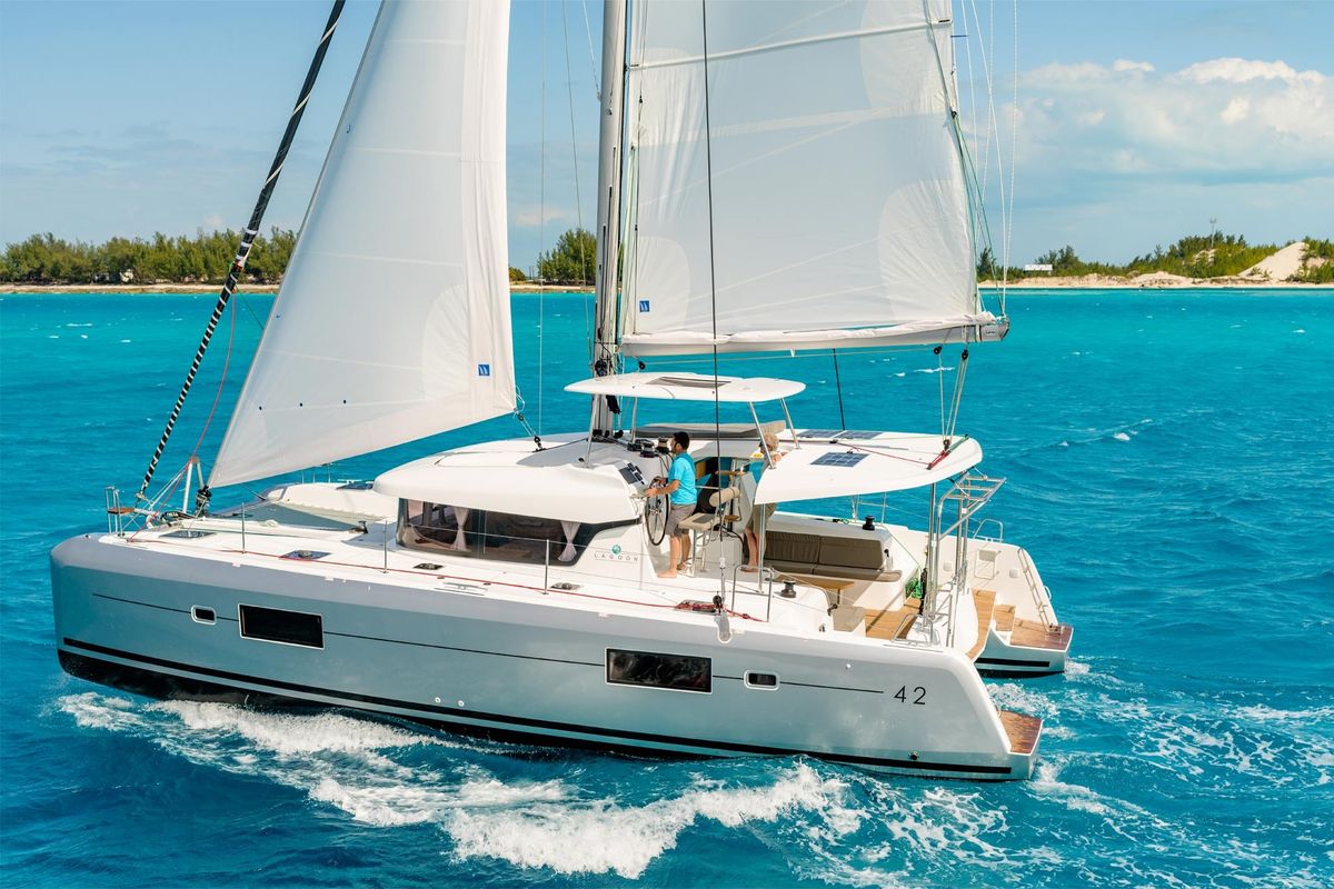 Exterior view of Frangy, a Lagoon 42 catamaran at Capo d'Orlando, Italy
