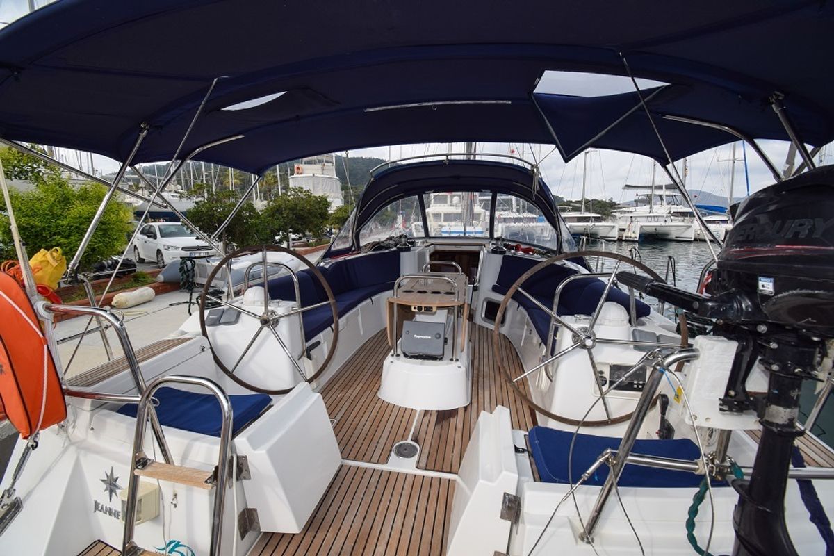 Cockpit of Loki, a Jeanneau Sun Odyssey 44 i sailboat at Marmaris, Turkey