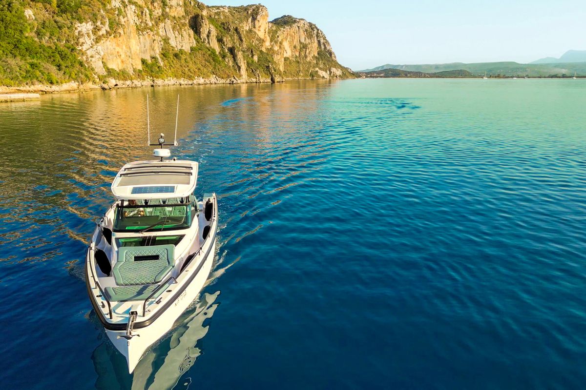 Exterior view of PARALOS, a Axopar 37 Sun Top motorboat at Lavreotiki Municipal Unit, Greece