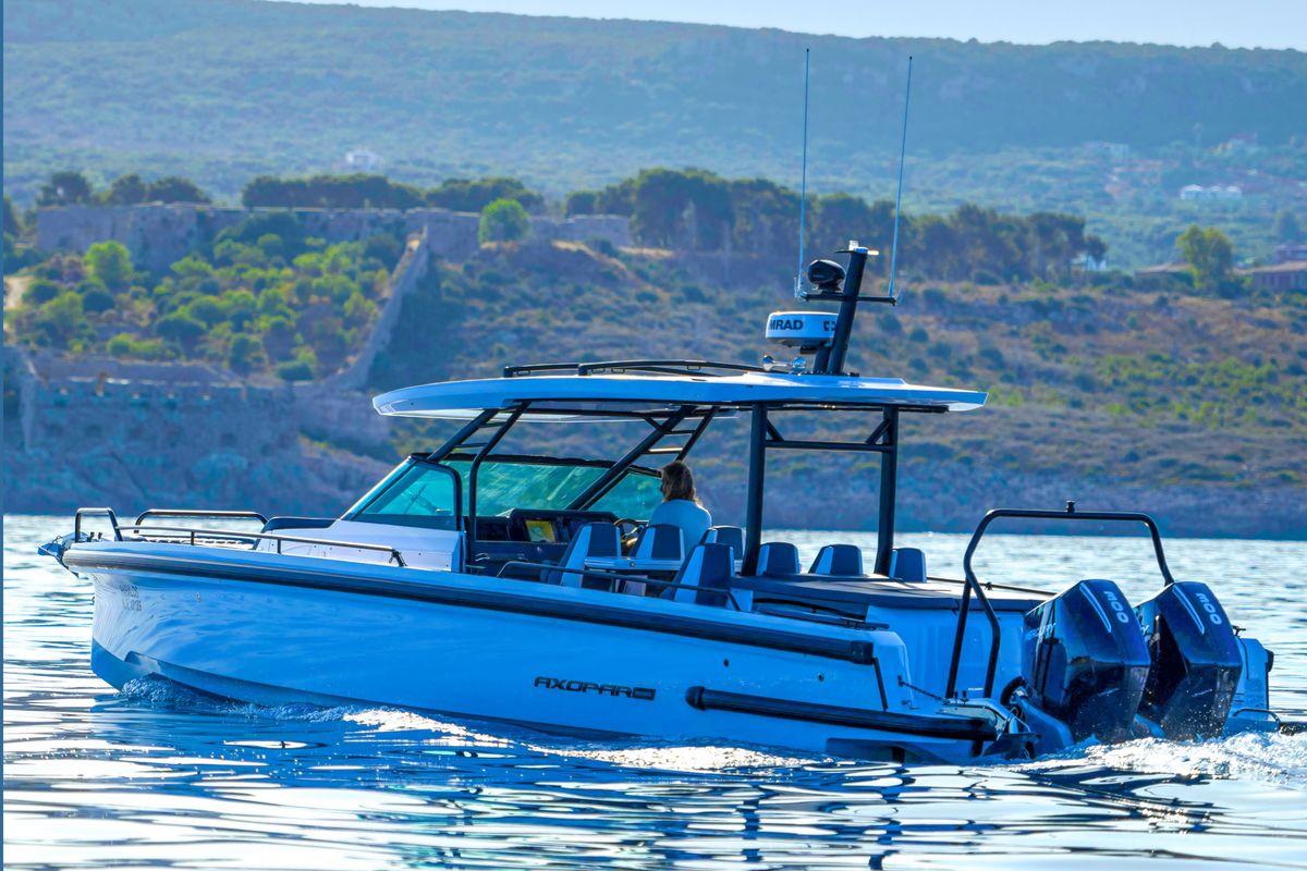 Exterior view of PARALOS, a Axopar 37  Sun Top motorboat at Lavreotiki Municipal Unit, Greece