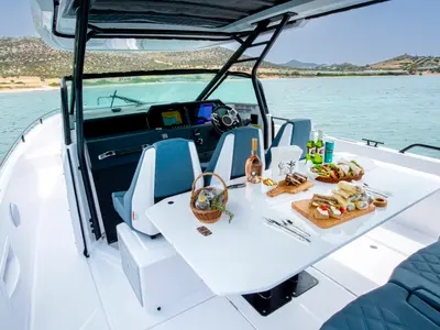 Deck of PARALOS, a Axopar 37 Sun Top motorboat at Lavreotiki Municipal Unit, Greece