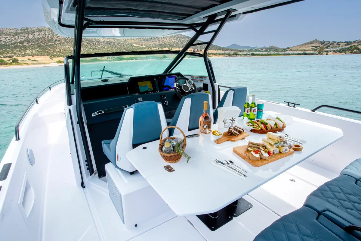Deck of PARALOS, a Axopar 37  Sun Top motorboat at Lavreotiki Municipal Unit, Greece