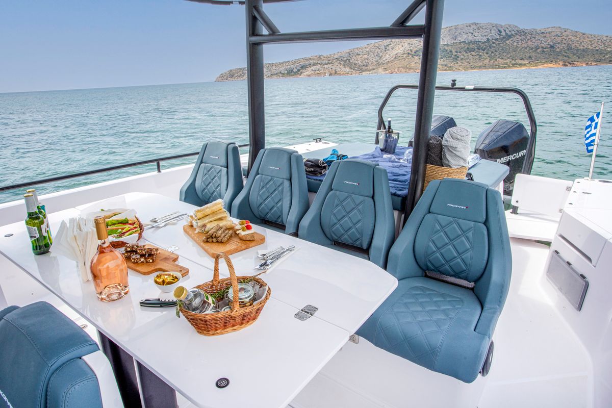 Deck of PARALOS, a Axopar 37 Sun Top motorboat at Lavreotiki Municipal Unit, Greece
