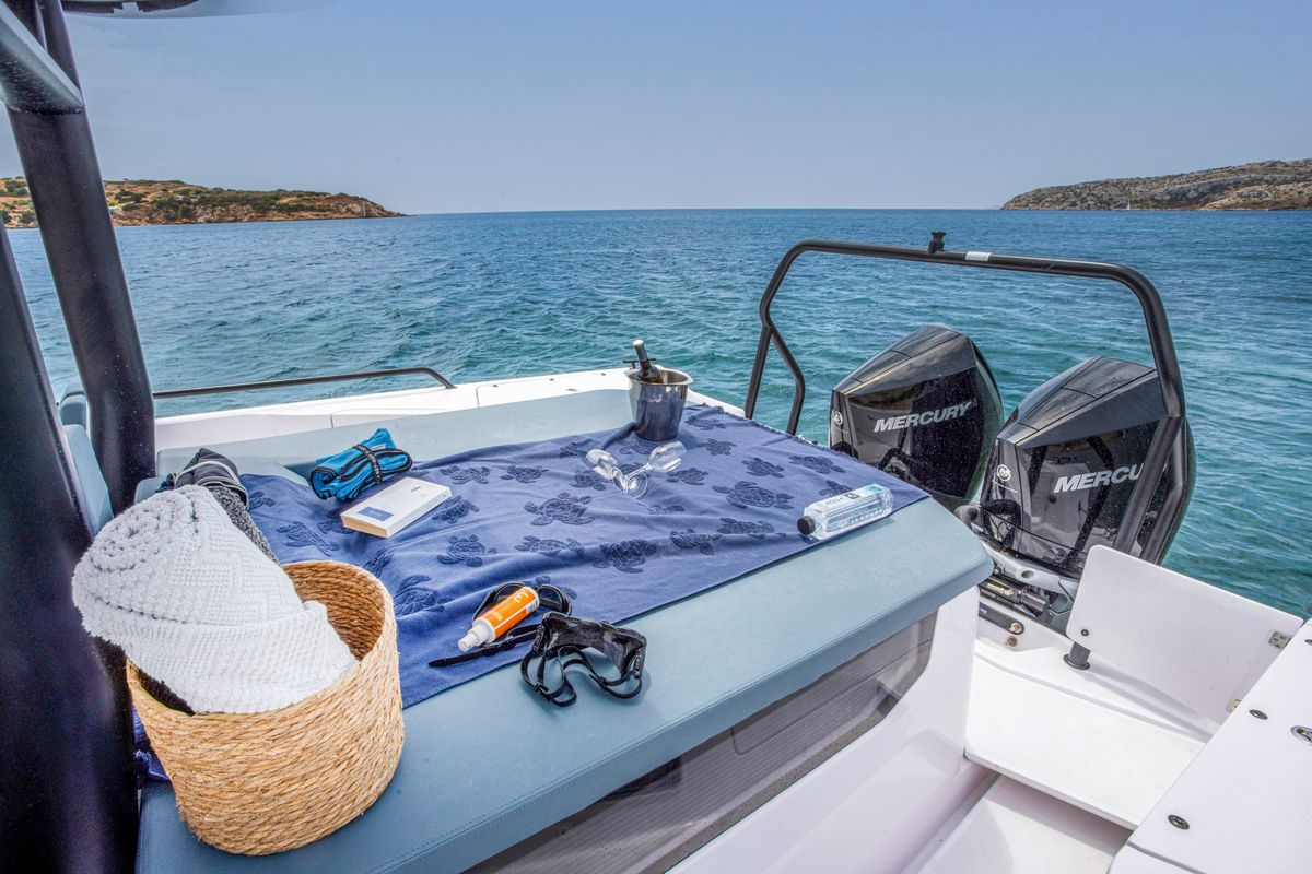 Deck of PARALOS, a Axopar 37 Sun Top motorboat at Lavreotiki Municipal Unit, Greece