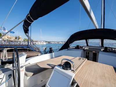 Cockpit of Wild At Sea, a Bavaria Cruiser 51 sailboat at Lavreotiki Municipal Unit, Greece