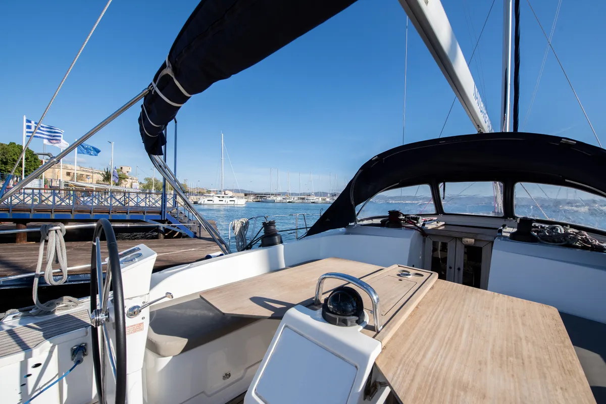 Cockpit of Wild At Sea, a Bavaria Cruiser 51 sailboat at Lavreotiki Municipal Unit, Greece