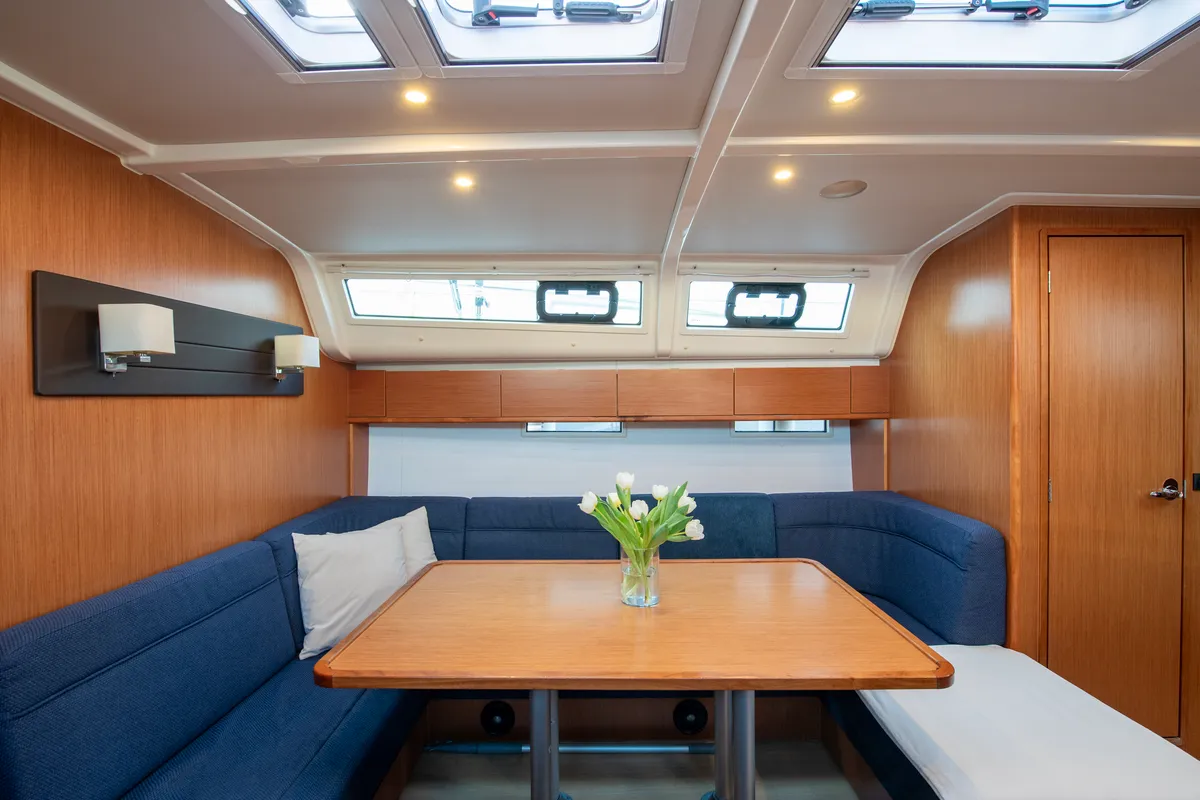 Salon of Wild At Sea, a Bavaria Cruiser 51 sailboat at Lavreotiki Municipal Unit, Greece
