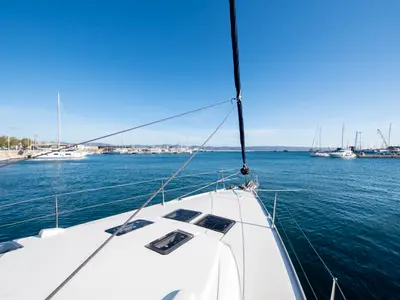 Deck of Wild At Sea, a Bavaria Cruiser 51 sailboat at Lavreotiki Municipal Unit, Greece
