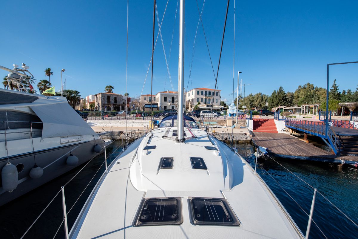 Deck of Wild At Sea, a Bavaria Cruiser 51 sailboat at Lavreotiki Municipal Unit, Greece