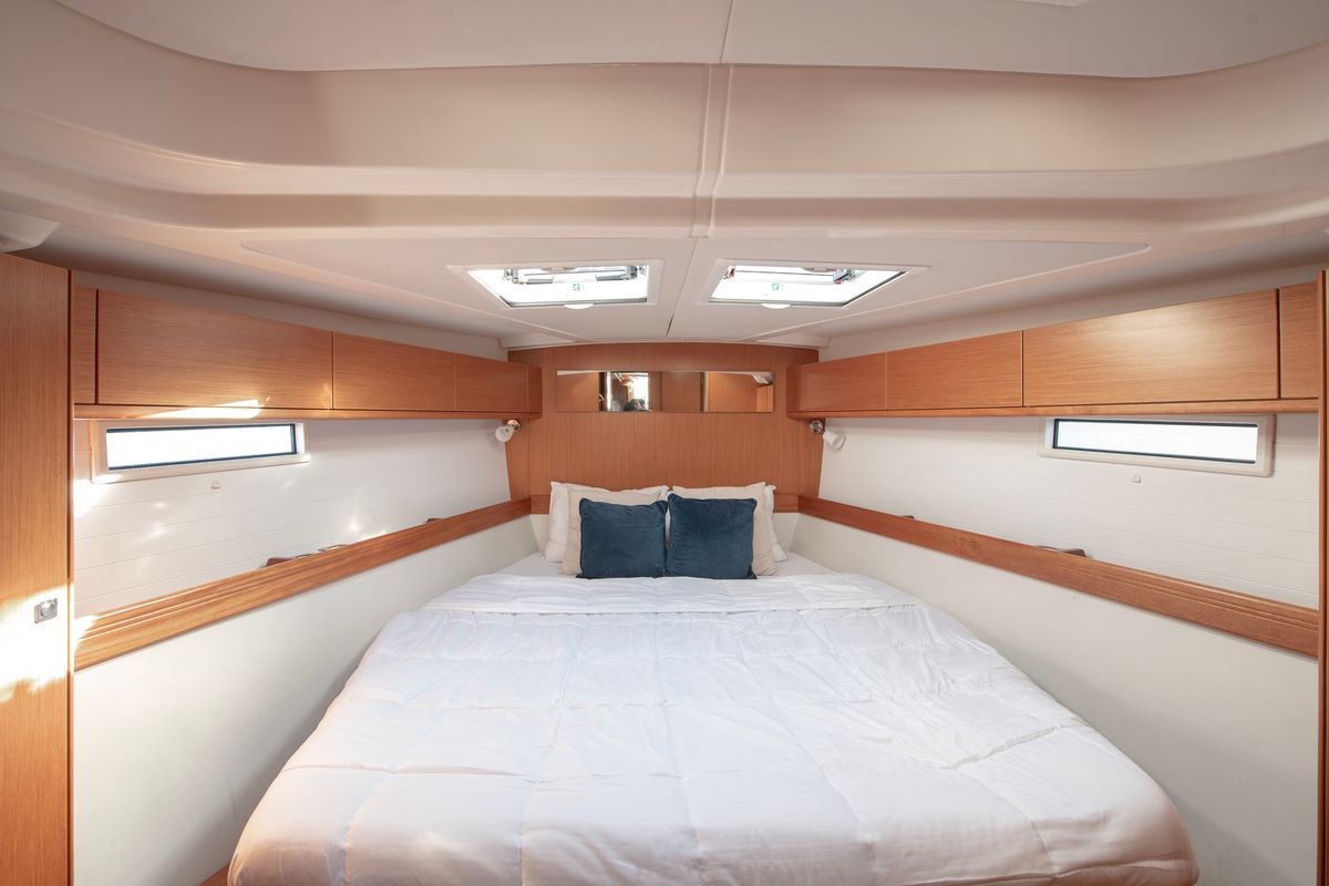 Cabin on Wild At Sea, a Bavaria Cruiser 51 sailboat at Lavreotiki Municipal Unit, Greece