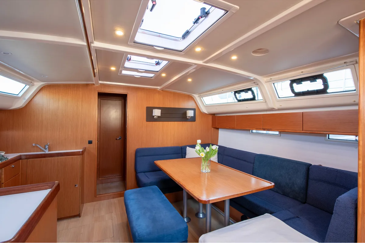 Salon of Wild At Sea, a Bavaria Cruiser 51 sailboat at Lavreotiki Municipal Unit, Greece