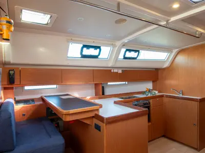 Galley of Wild At Sea, a Bavaria Cruiser 51 sailboat at Lavreotiki Municipal Unit, Greece