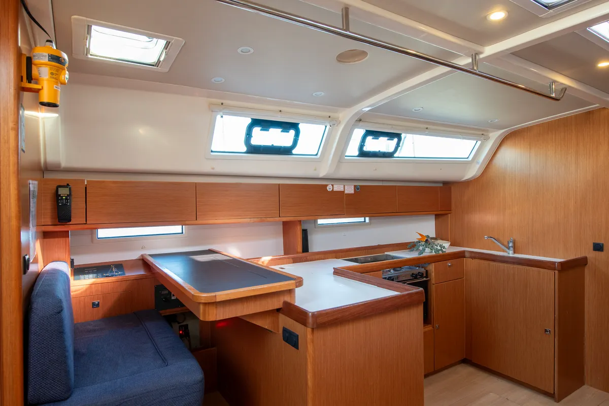 Galley of Wild At Sea, a Bavaria Cruiser 51 sailboat at Lavreotiki Municipal Unit, Greece