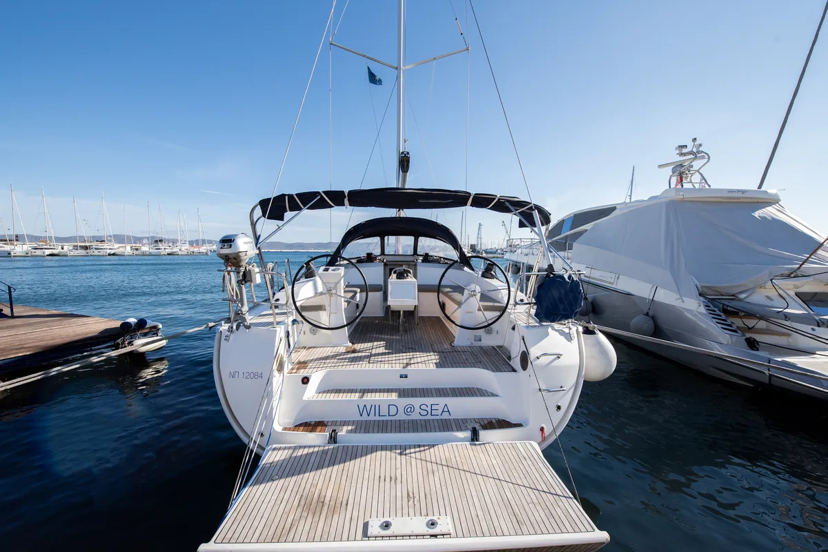 Cockpit of Wild At Sea, a Bavaria Cruiser 51 sailboat at Lavreotiki Municipal Unit, Greece