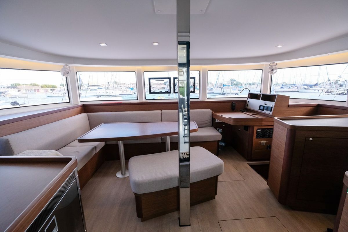 Salon of White Chadal, a Lagoon 42 catamaran at Ventimiglia, Italy