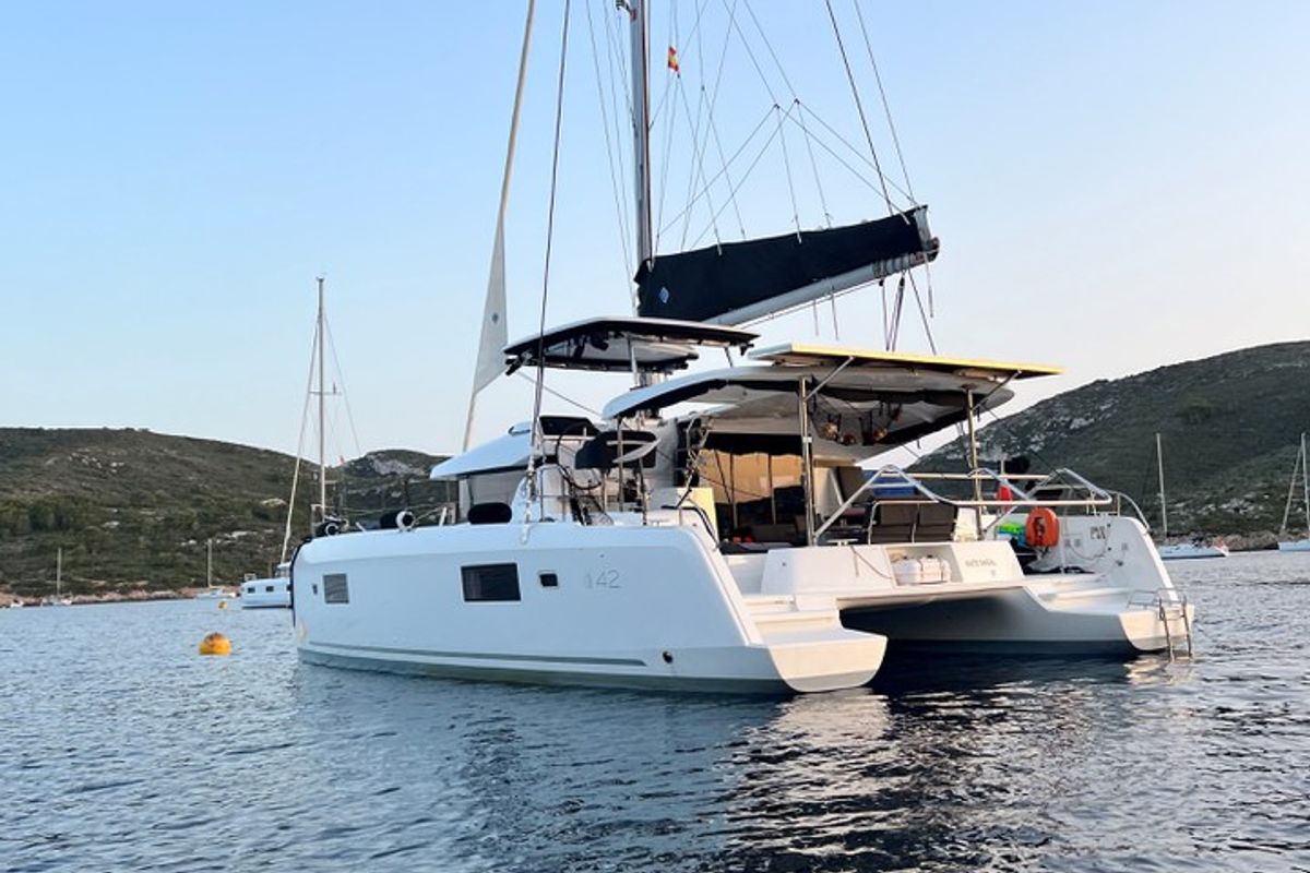 Exterior view of White Chadal, a Lagoon 42 catamaran at Ventimiglia, Italy