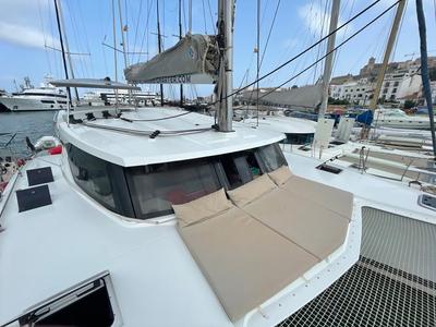 Deck of Aquila, a Fountaine Pajot Lucia 40 catamaran at Ibiza, Spain
