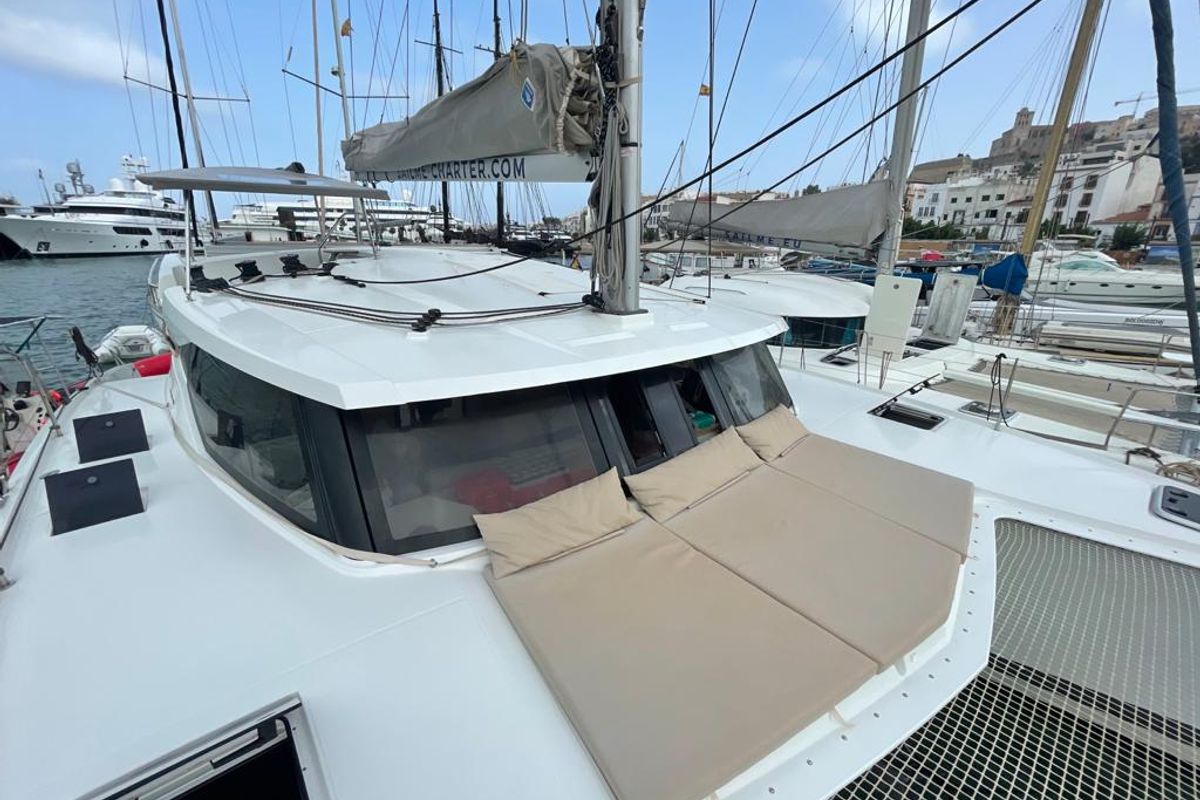 Deck of Aquila, a Fountaine Pajot Lucia 40 catamaran at Ibiza, Spain