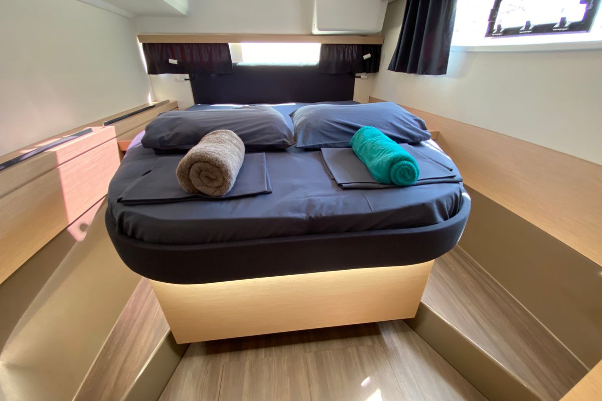 Cabin on Aquila, a Fountaine Pajot Lucia 40 catamaran at Ibiza, Spain