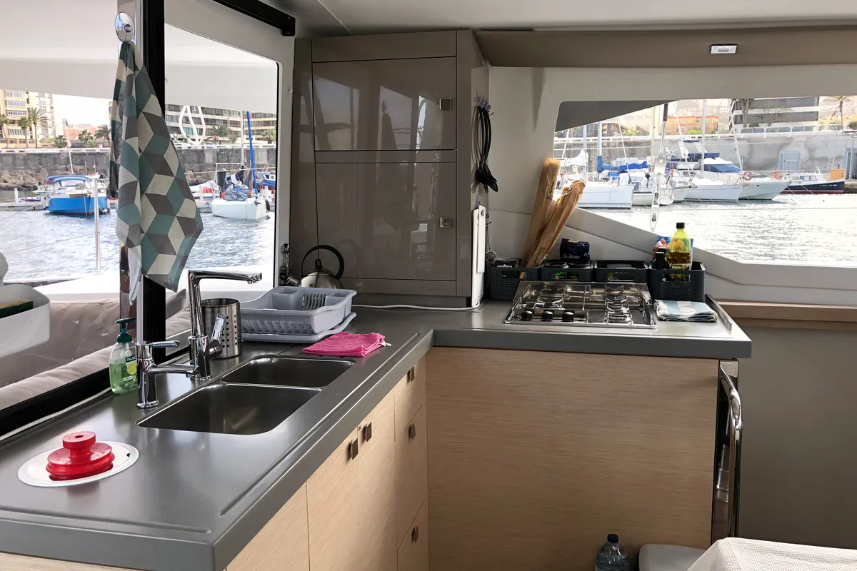 Galley of Aquila, a Fountaine Pajot Lucia 40 catamaran at Ibiza, Spain