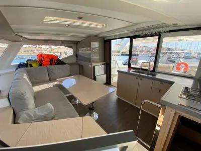 Salon of Aquila, a Fountaine Pajot Lucia 40 catamaran at Ibiza, Spain