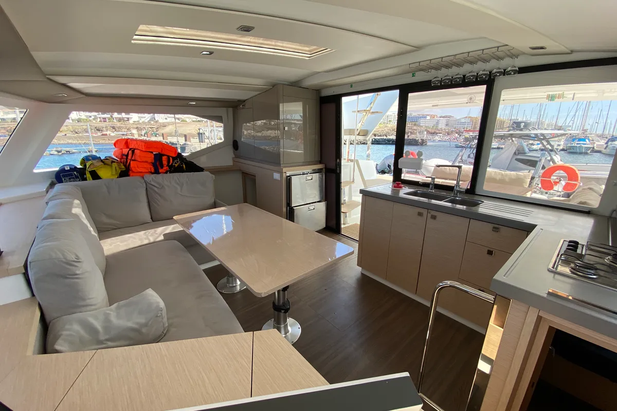 Salon of Aquila, a Fountaine Pajot Lucia 40 catamaran at Ibiza, Spain