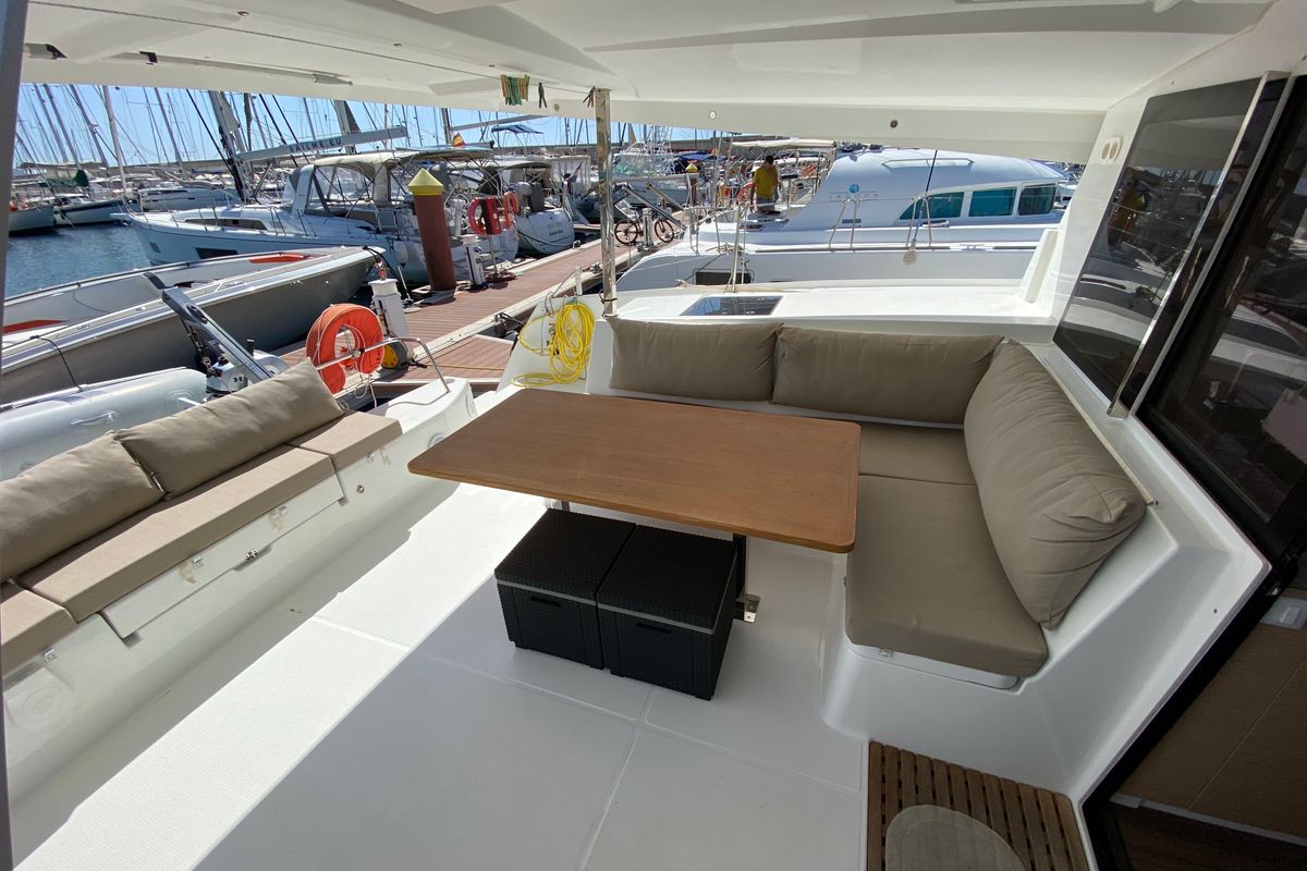 Deck of Aquila, a Fountaine Pajot Lucia 40 catamaran at Ibiza, Spain