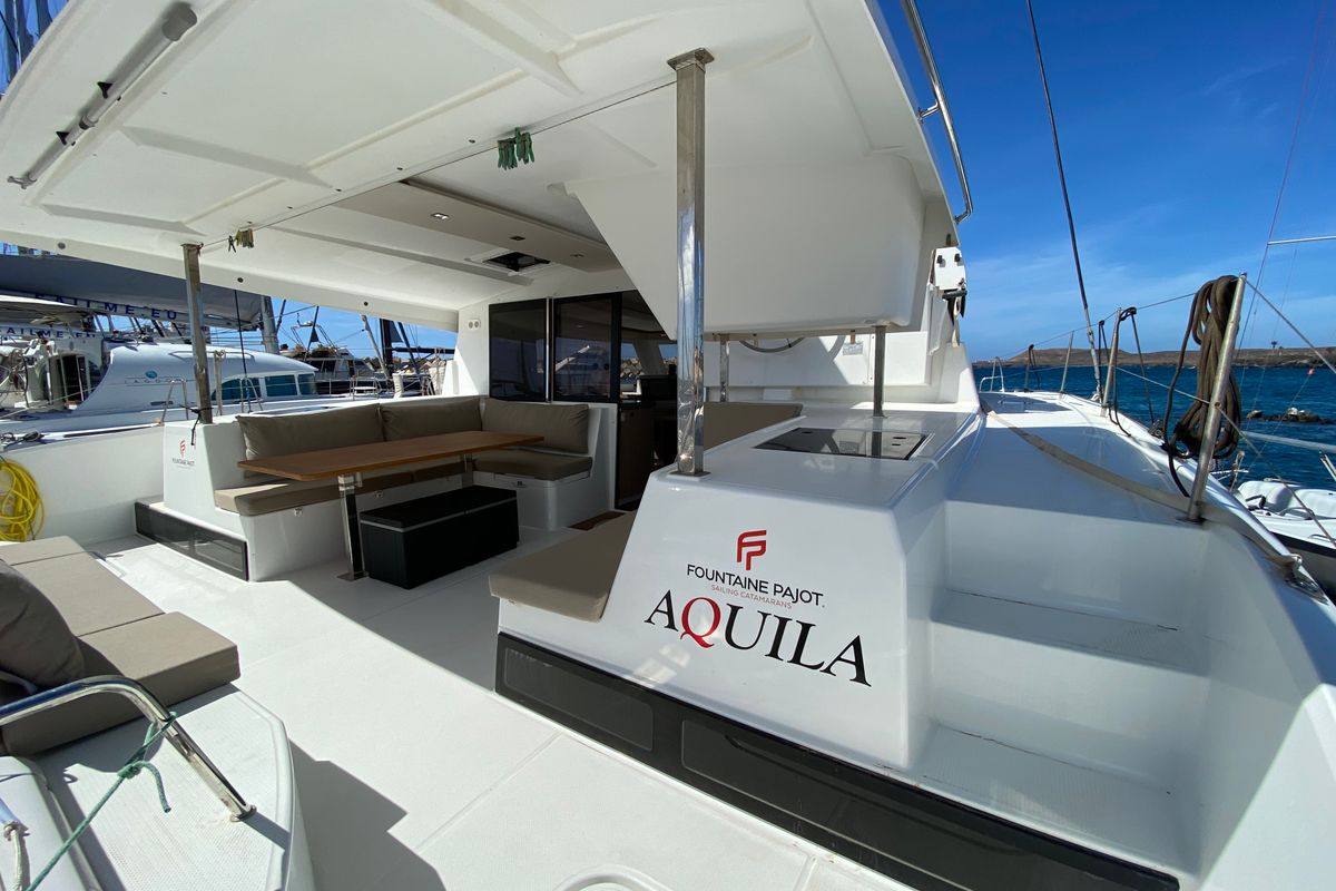Deck of Aquila, a Fountaine Pajot Lucia 40 catamaran at Ibiza, Spain
