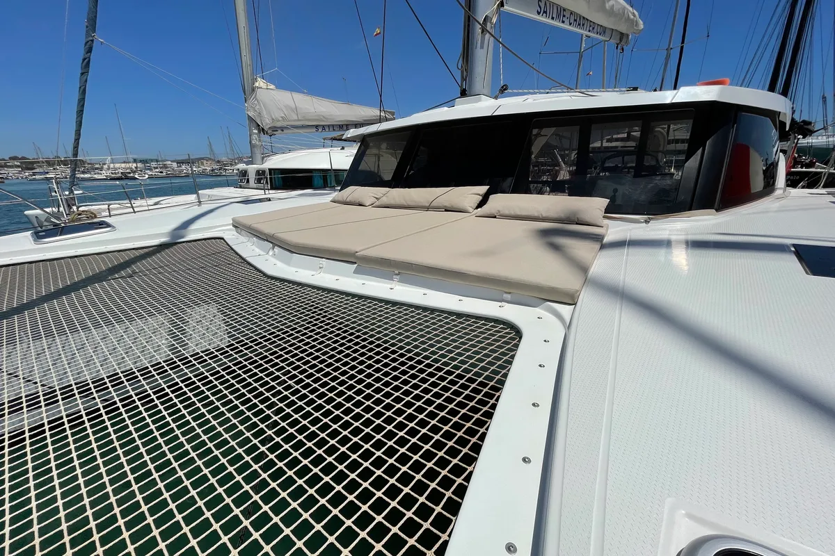 Deck of Aquila, a Fountaine Pajot Lucia 40 catamaran at Ibiza, Spain