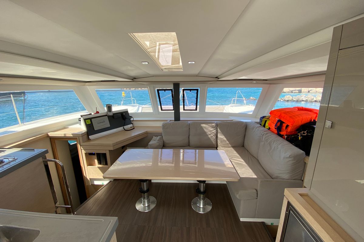 Salon of Aquila, a Fountaine Pajot Lucia 40 catamaran at Ibiza, Spain