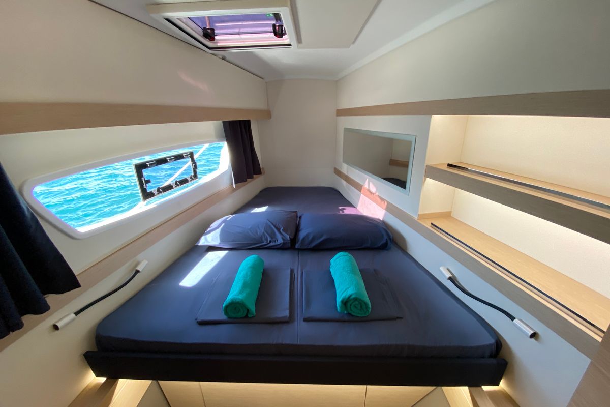 Cabin on Aquila, a Fountaine Pajot Lucia 40 catamaran at Ibiza, Spain